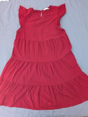 Red Tiered Flutter Sleeve Women's Dress